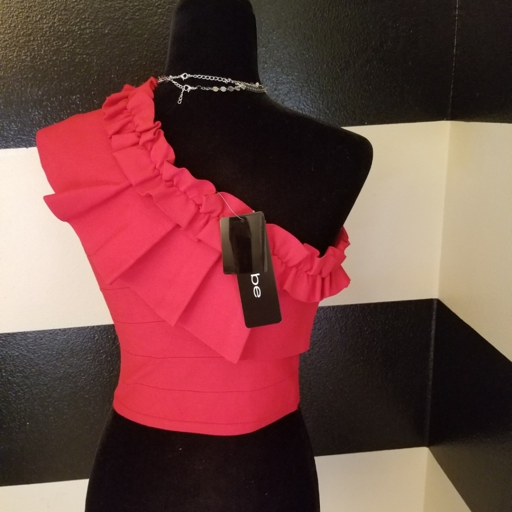 bebe Red One-Shoulder Ruffle Crop Top - Picture 2 of 7